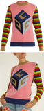 Cube-Intarsia Striped Knit Sweater