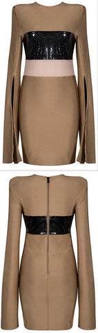 Crocodile PVC Stripe Long-Split-Sleeve Bodycon Mini Dress, Khaki