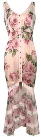 Button-Down Floral Lace-Paneled Dress