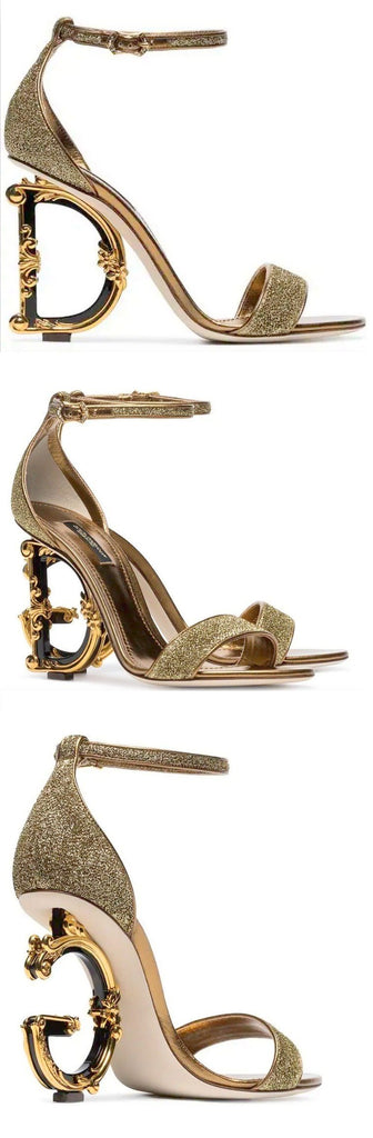 Metallic Glitter Sandals with Letter Heels