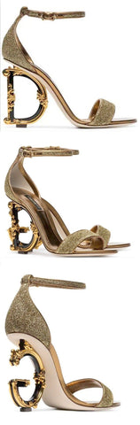 Metallic Glitter Sandals with Letter Heels