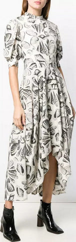 Shell-Print Puff-Sleeve Dress