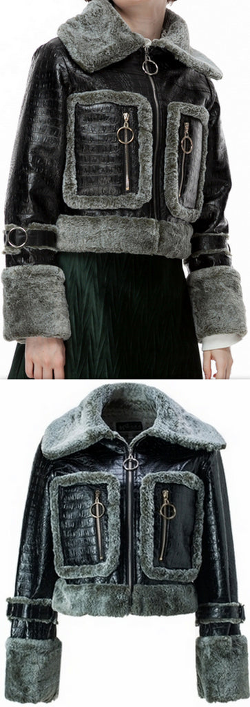 Crocodile Effect Faux-Leather Bomber Jacket with Fur Trim