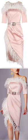 Belted Feather-Trim Dress