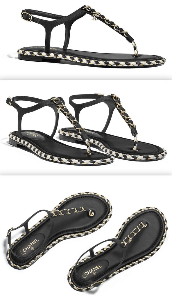 Black Grosgrain Embellished Sandals with Metallic Braiding