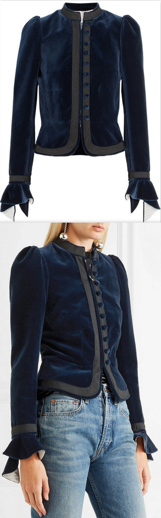 Grosgrain-Trimmed Ruffled Cotton-Velvet Jacket