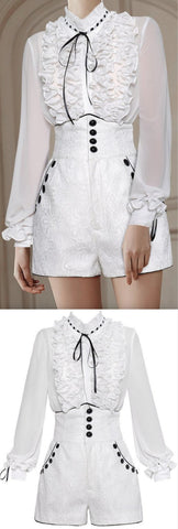Ruffled White Blouse with High Waist Shorts