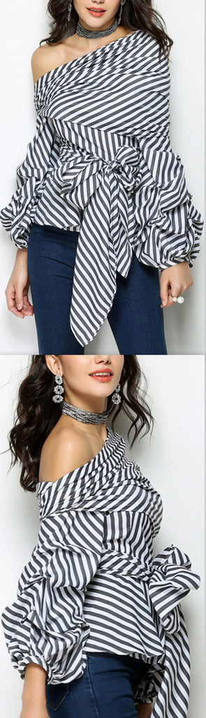 Striped Balloon-Sleeve Top