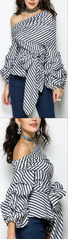 Striped Balloon-Sleeve Top