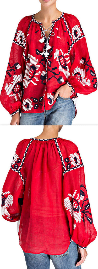 Embroidered Linen Blouse, Red