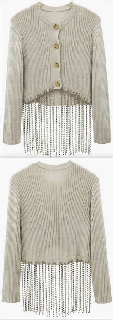 Rhinestone-Tassel Knit Cardigan Sweater
