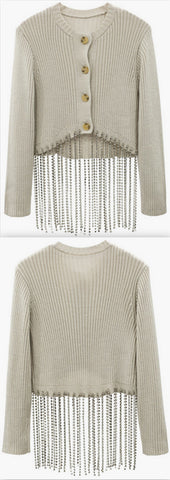 Rhinestone-Tassel Knit Cardigan Sweater