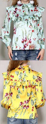 Radish Print Ruffle-Bib Blouse - Light Blue or Yellow