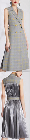 Double-Breasted Plaid Pleated-Back Vest-Dress
