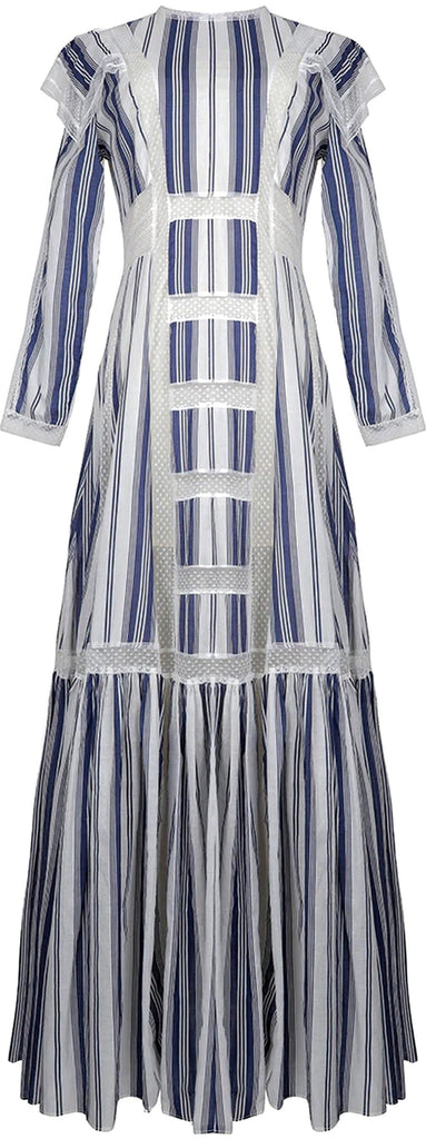 Lace-Paneled Striped Maxi Dress