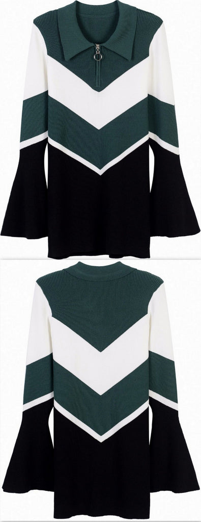 Chevron Knit Bell-Sleeve Sweater, Dark Green