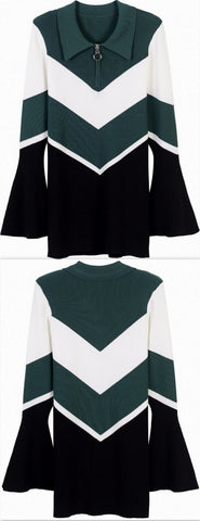 Chevron Knit Bell-Sleeve Sweater, Dark Green
