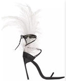 Iris 105 Feather Sandals, White Feathers and Black Leather
