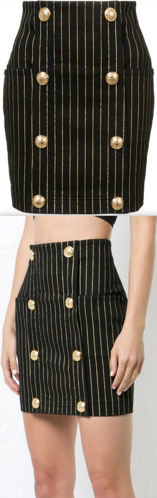 Button-Embellished Striped Mini Skirt