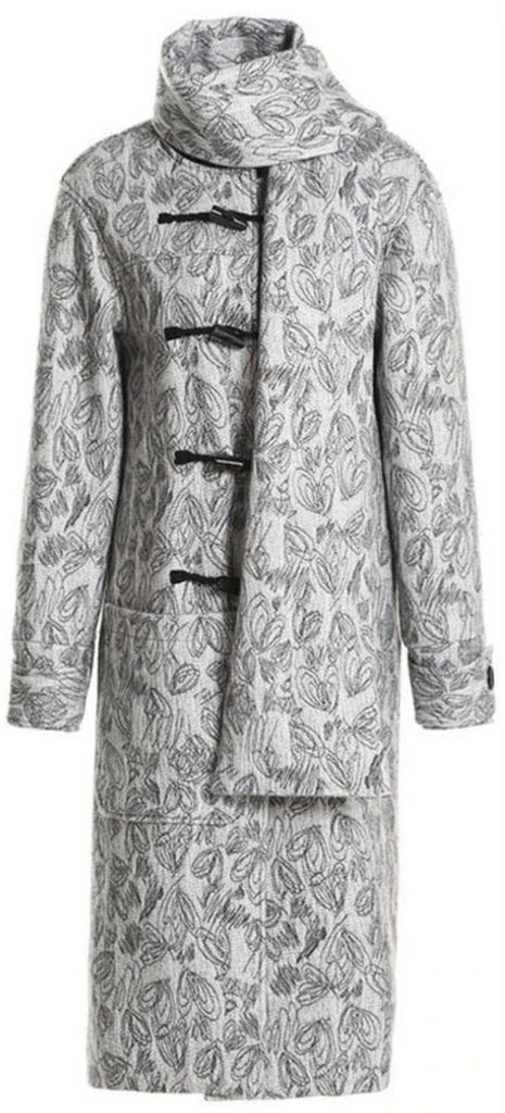 Print Wool-Blend Toggle-Button Coat with Scarf