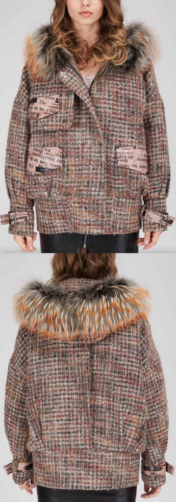 Printed-Pocket Fur-Hooded Short Tweed Coat
