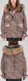 Printed-Pocket Fur-Hooded Short Tweed Coat