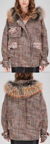 Printed-Pocket Fur-Hooded Short Tweed Coat