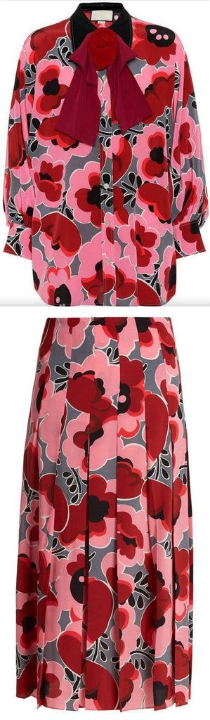 Poppy-Print Blouse and Pleated Skirt Set