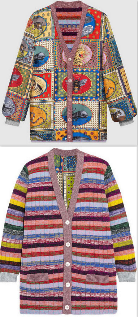 Tiger Cards Print Reversible Knit Stripe Cardigan Sweater