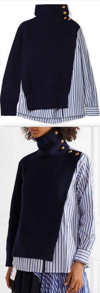 Paneled Striped Cotton-Poplin and Wool Top
