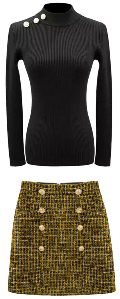 Button-Embellished High-Neck Sweater and Tweed Mini Skirt Set