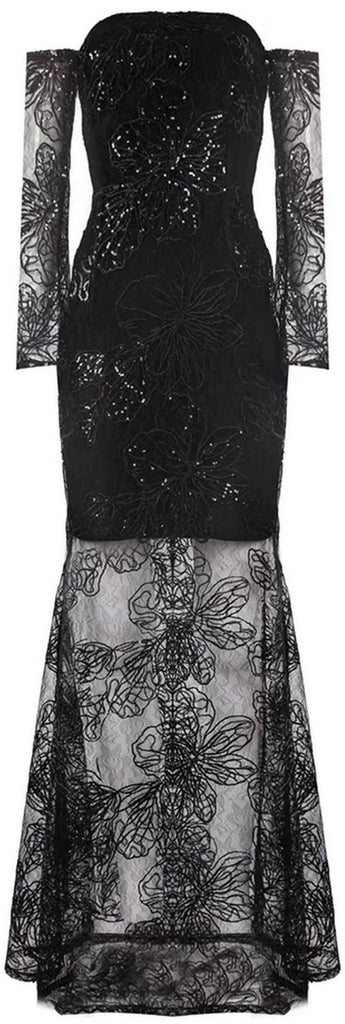 Black Off-Shoulder Sequined Lace Stretch Gown