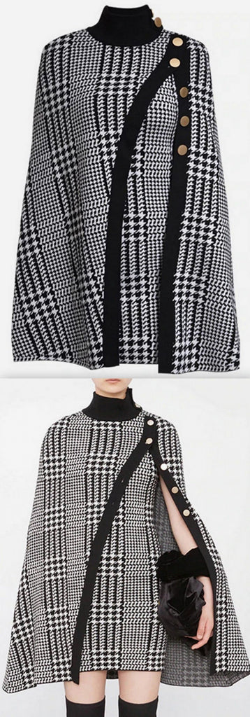 Houndstooth High-Neck Cape-Dress