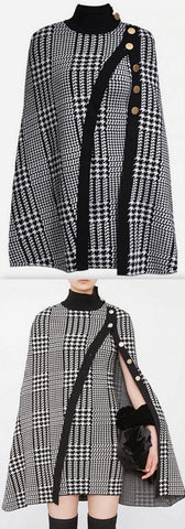 Houndstooth High-Neck Cape-Dress