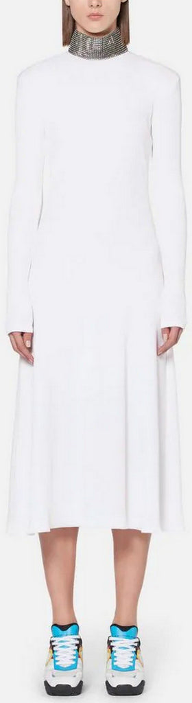 Ribbed Jersey Crystal Dress, White