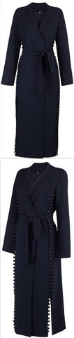 Bead-Embellished Mid-Calf Coat, Dark Blue