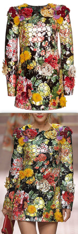 Floral Embellished Long-Sleeve Mini Dress