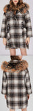 Fur-Trim Plaid Wool Coat, Natural
