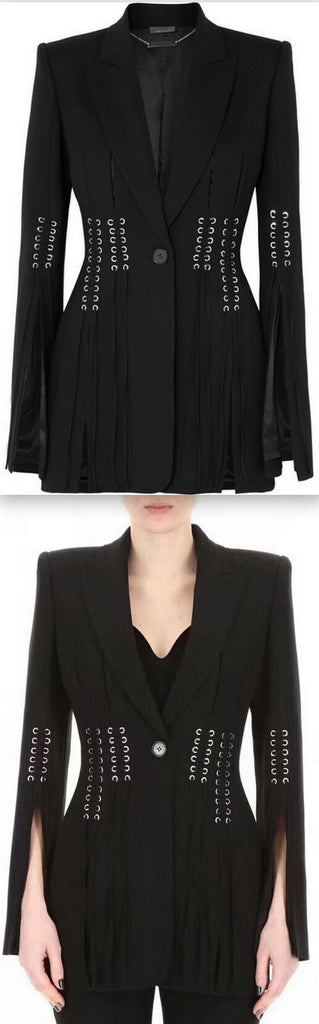 Eyelet Embellished Lace-up Grain de Poudre Blazer