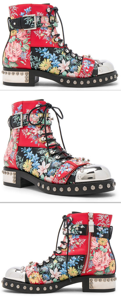 Floral Leather Studded Combat Boots