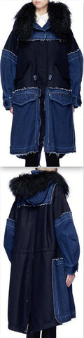 Frayed Denim-Patch Wool-Fur Collar Coat