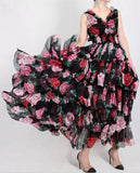 Ruffled Rose-Printed Tiered Dress