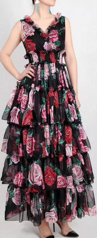 Ruffled Rose-Printed Tiered Dress