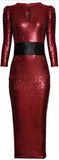 Sequin-Embellished Fitted Midi Dress with Sash, Red