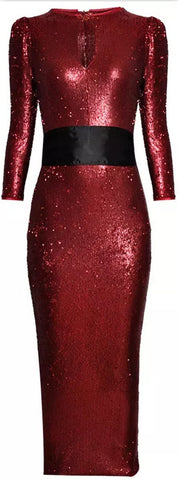 Sequin-Embellished Fitted Midi Dress with Sash, Red
