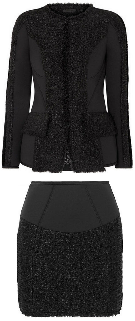 Tweed Paneled Scuba Jacket and Mini Skirt Set
