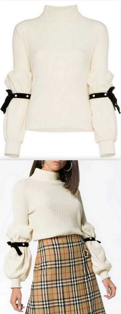 Pearl Ribbon Sleeve Rollneck Jumper