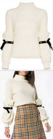 Pearl Ribbon Sleeve Rollneck Jumper