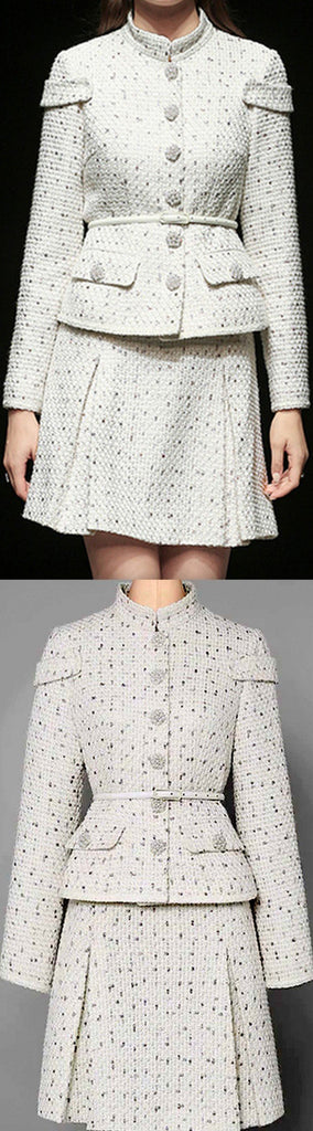 Belted Button-Embellished Jacket and Skirt Set, White