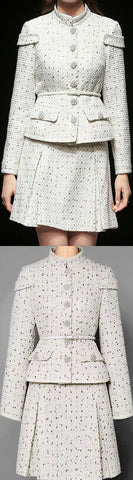 Belted Button-Embellished Jacket and Skirt Set, White